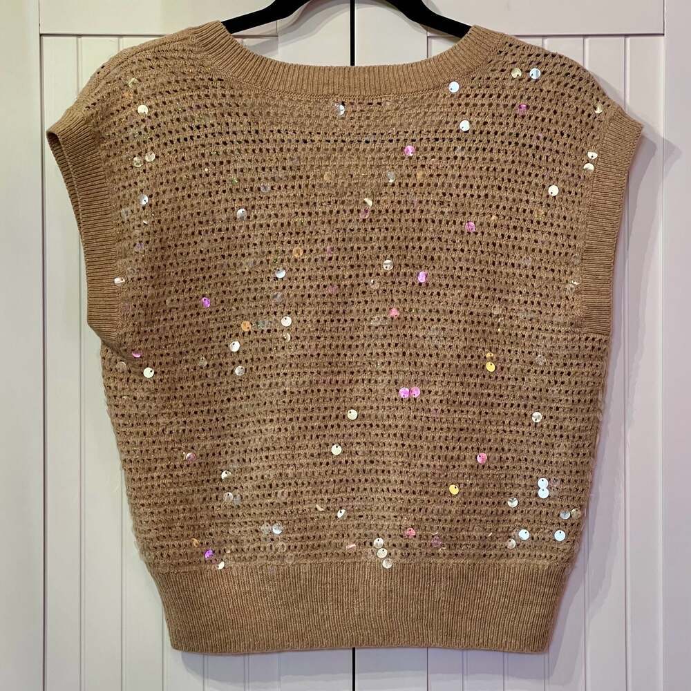 Madewell Sequin-Embellished V-Neck Sweater Vest in Heather Tawny - Picture 2 of 4